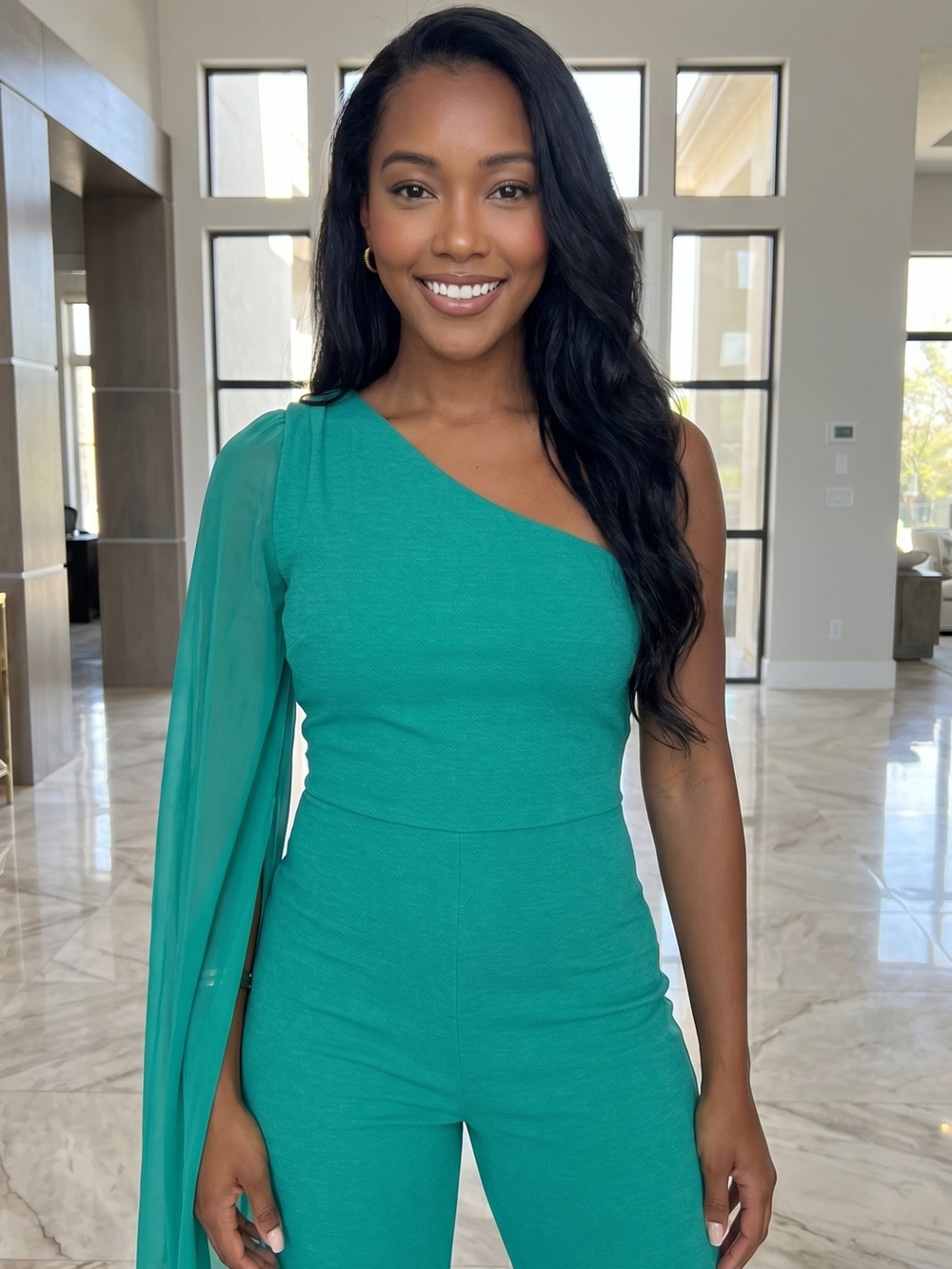 One-Shoulder Teal Women’s Jumpsuit with Draped Sleeve